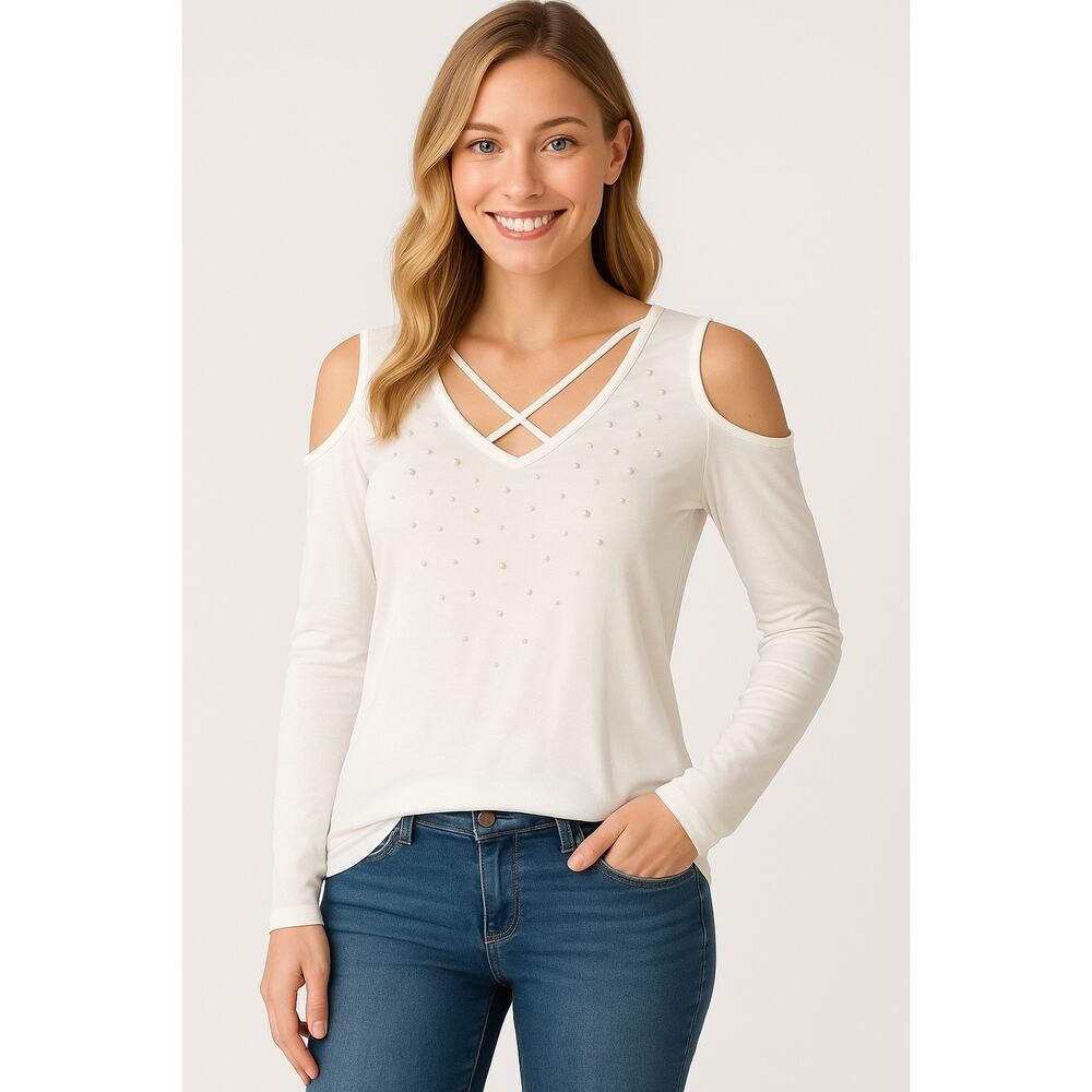 NEW Vocal USA Pearl Embellished Cold Shoulder Crisscross Long Sleeve Top Chic